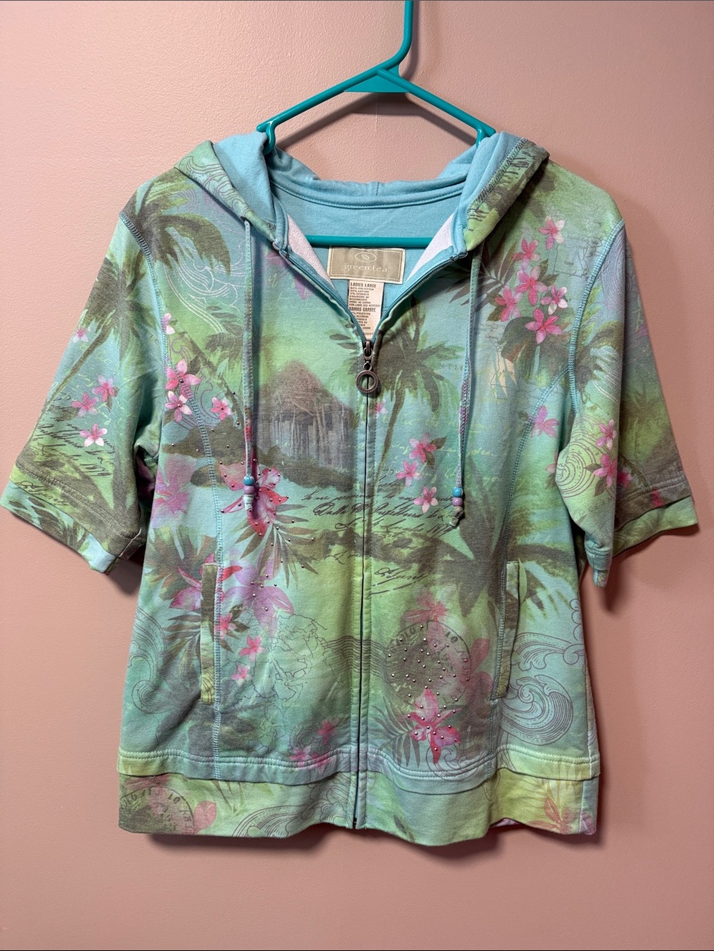 GreenTea Aqua & Pink Floral Short-Sleeve Hooded Zip Top